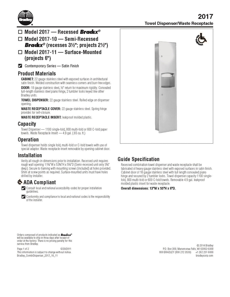 Towel Dispenser/Waste Receptacle, Semi-Recessed - Bradley-2017-100000