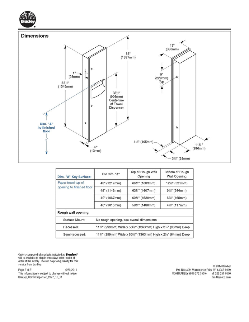 Towel Dispenser/Waste Receptacle, 3.3 Gal, Recessed - Bradley-2027-000000