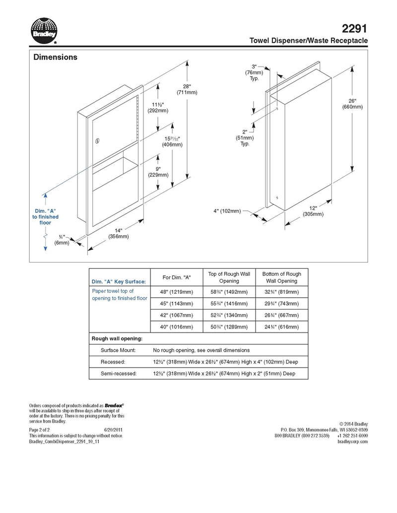 Towel Dispenser/Waste Receptacle, 2 Gal, Surface-Mounted - Bradley-2291-110000