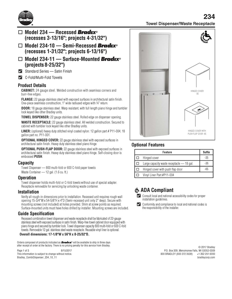 Towel Dispenser/Waste Receptacle, 12 Gal, Recessed - Bradley-234-000000