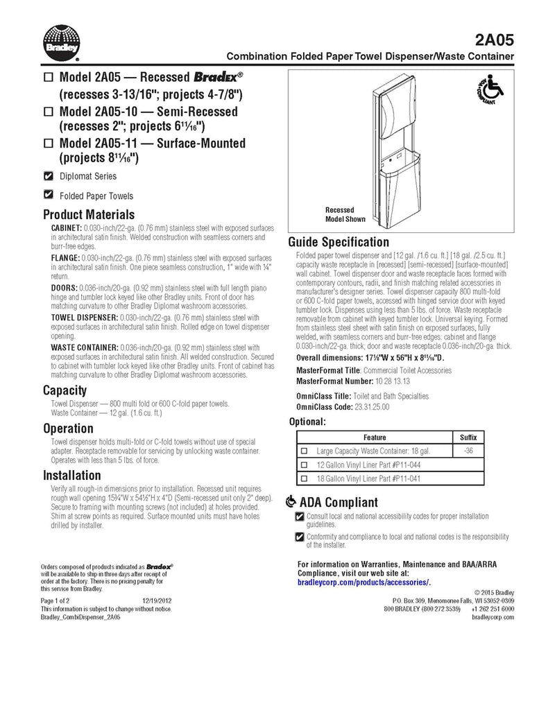 Diplomat Series - Towel Dispenser/Waste Receptacle, 12 Gal, Recessed - Bradley-2A05-000000
