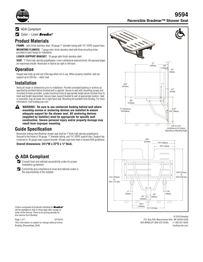 Shower Seat Reversible HDPE-Bradley - 9594-000000