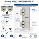 Stainless Steel Satin Surface Mounted Bathroom Partition Door Hinge Set of 2, In-Swing or Out-Swing Partition Doors - 0719