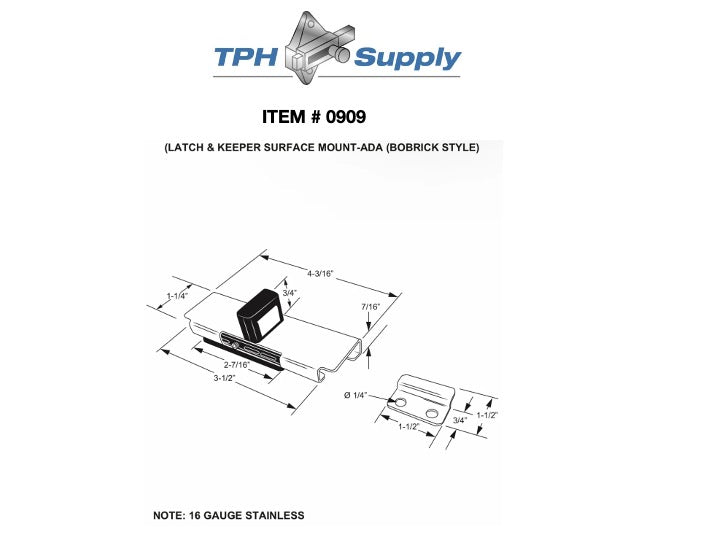 Surface Mount Slide Latch With Keeper Bobrick Style, Stainless Steel - ADA Compliant - 0909