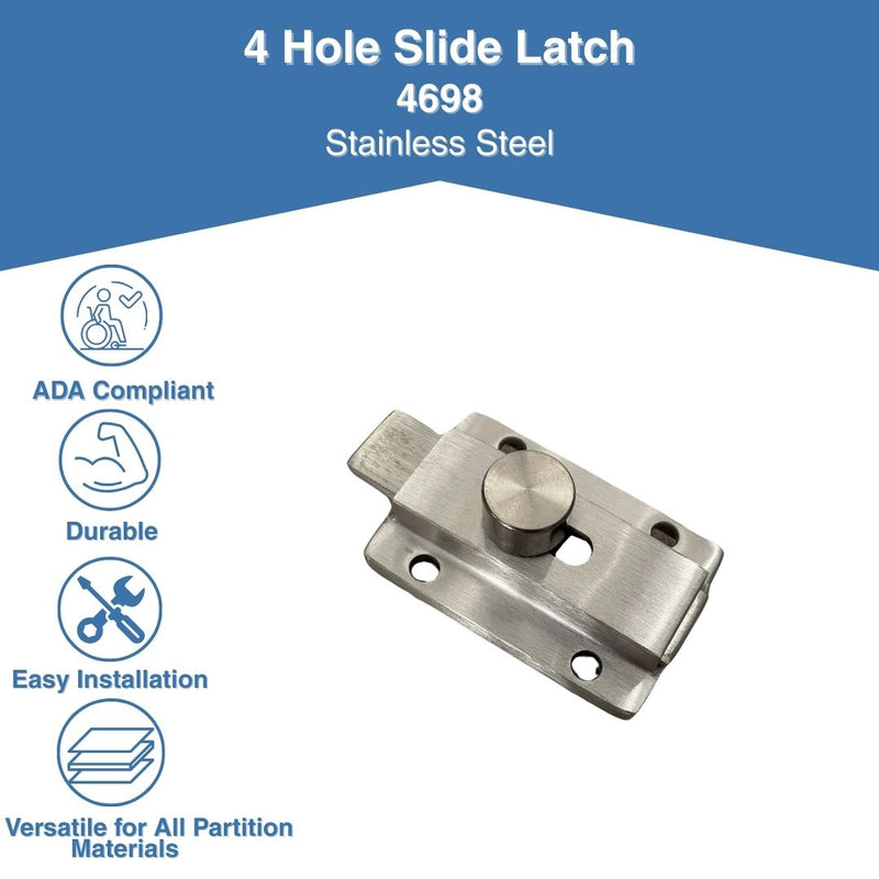 Bathroom Partition Door Stainless Steel 4 Hole Surface Mounted Slide Latch - ADA Compliant - 4698