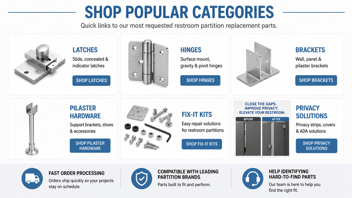 Shop popular commercial restroom partition hardware categories at TPH Supply