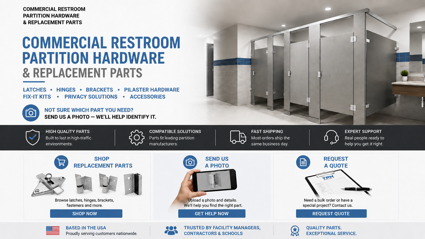 TPH Supply commercial restroom partition hardware and replacement parts