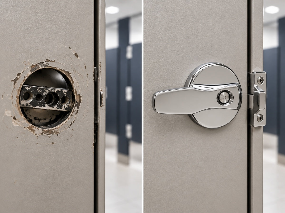 Broken restroom partition hardware requiring replacement