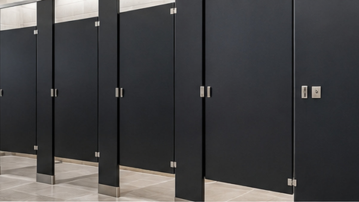 Commercial bathroom partitions and restroom stall hardware