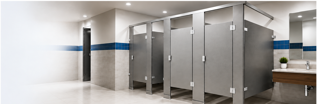 Commercial restroom partitions and replacement hardware