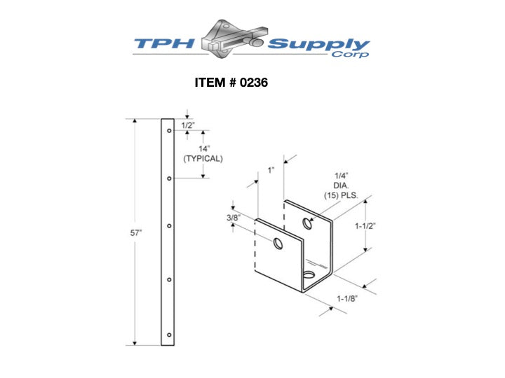 Stamped Stainless Steel, 57" Full Length "U" Bracket For 1" Material - 0236