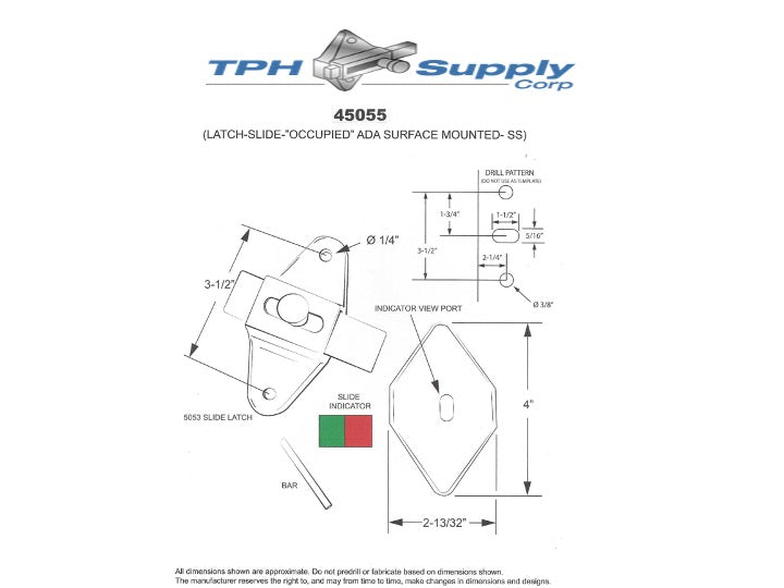 Surface Mount Slide Latch With Indicator - For 3/4", 7/8" or 1" Door - ADA Compliant - 45059