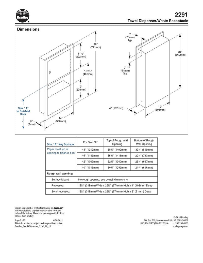 Towel Dispenser/Waste Receptacle, 2 Gal, Recessed - Bradley-2291-000000