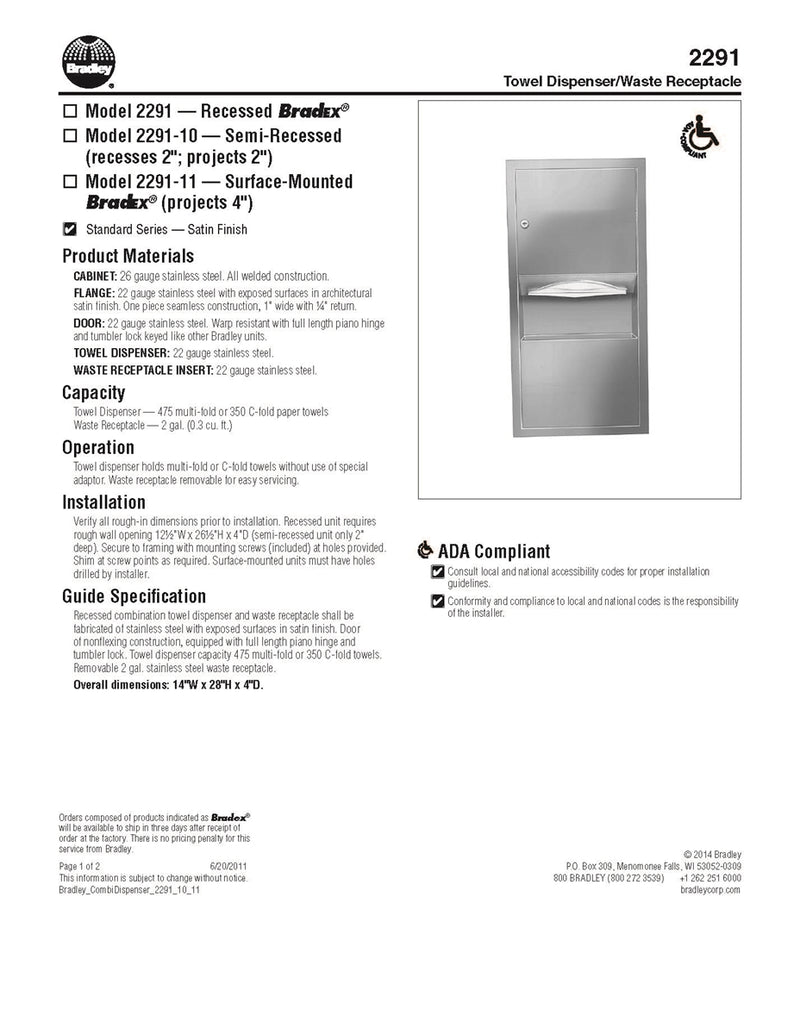 Towel Dispenser/Waste Receptacle, 2 Gal, Surface-Mounted - Bradley-2291-110000