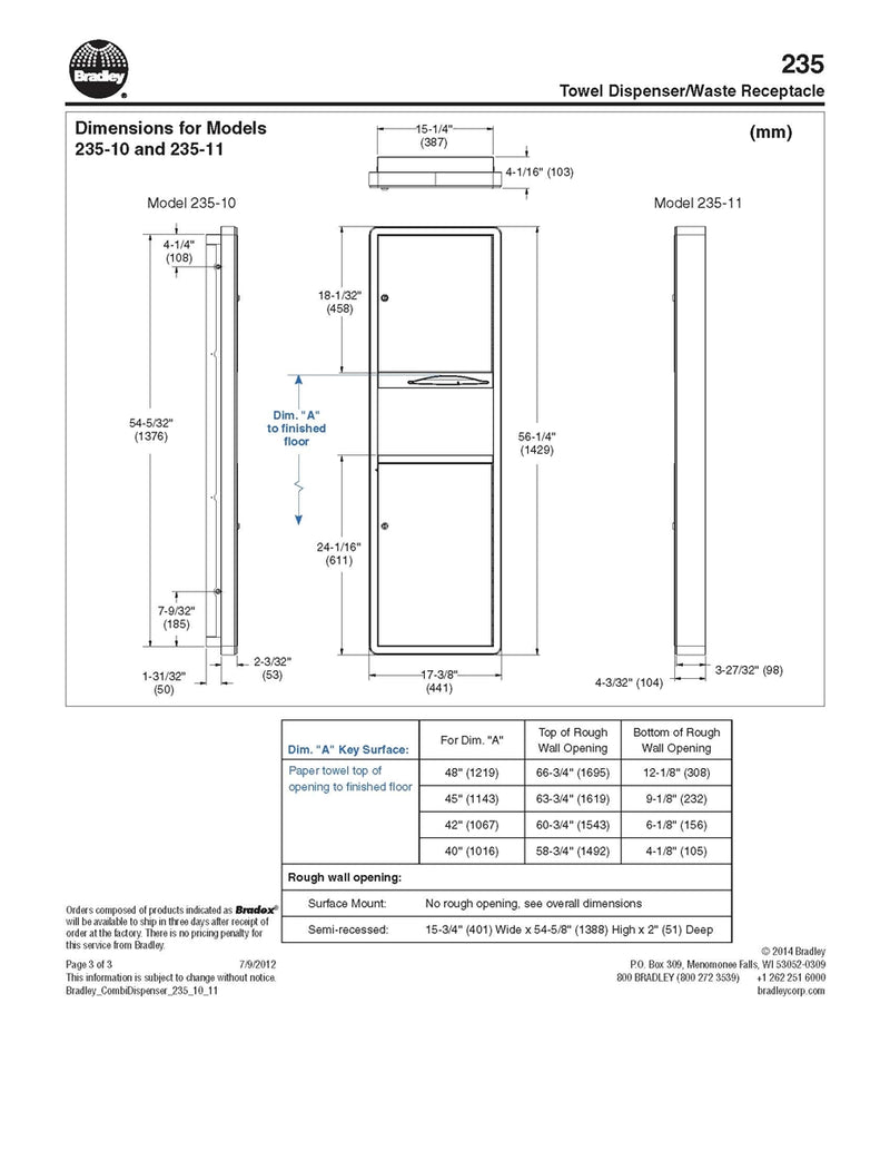 Towel Dispenser/Waste Receptacle,4.9 Gal, Recessed - Bradley-235-000000