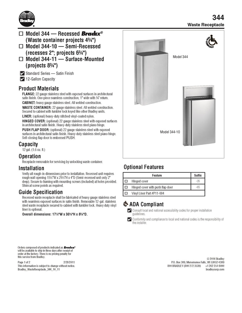 Waste Receptacle 12 gallon - Bradley - 344-000000