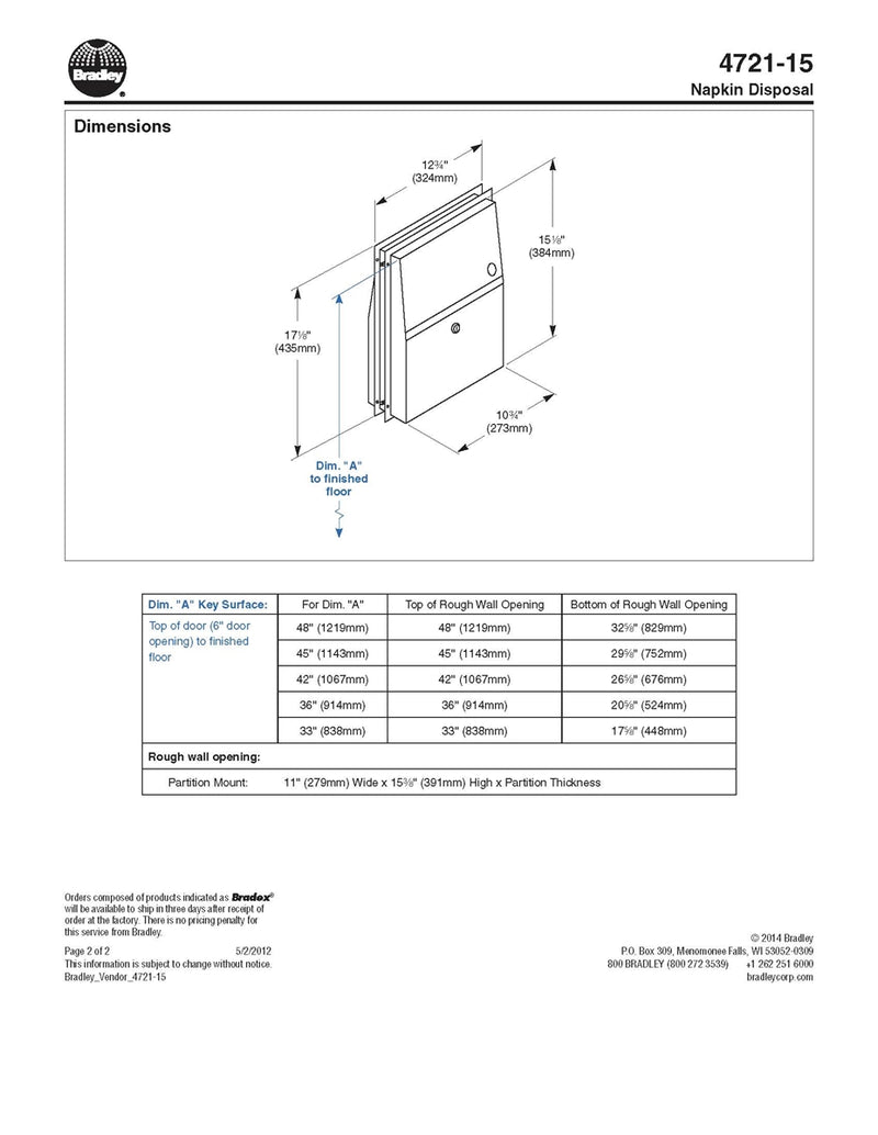 Napkin Disposal, 1.5 Gal, Partition - Bradley - 4721-150000