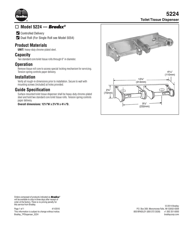 HD Chrome Plated Steel Dual Roll Toilet Tissue Dispenser - Bradley-5224-000000