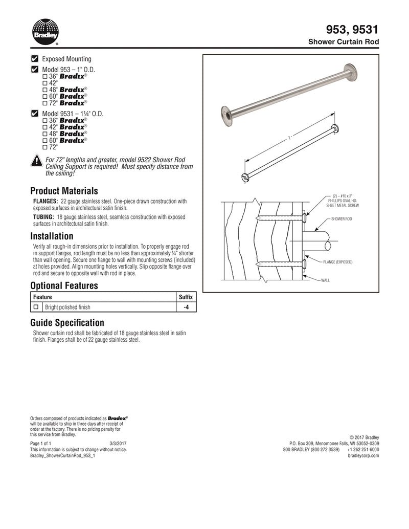 Shower Rod 1" OD x 36" Stainless Steel with Exposed Flange - Bradley - 953-036000