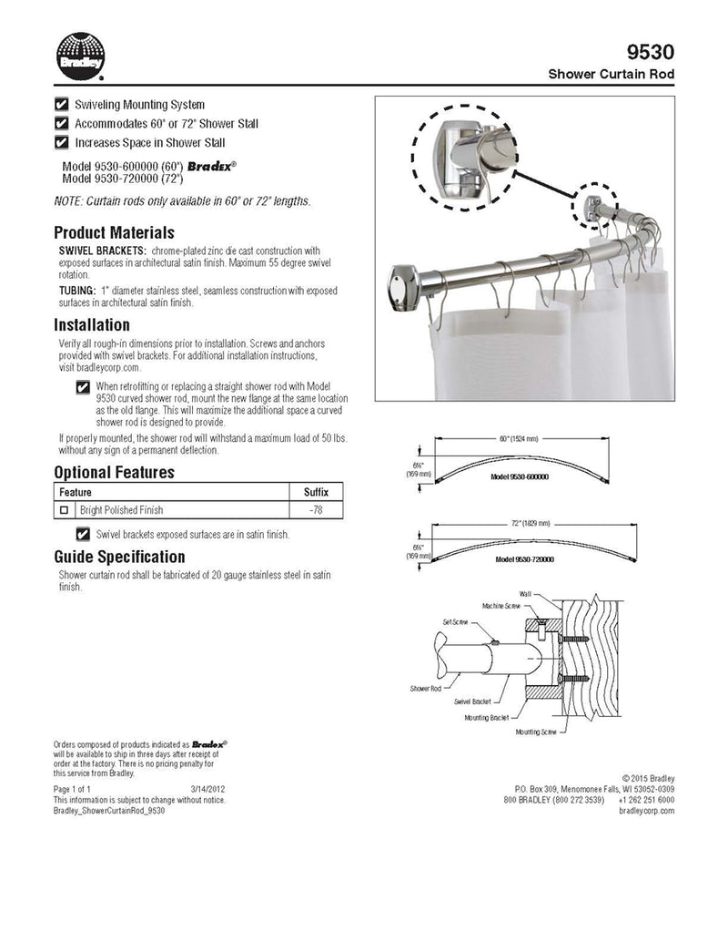 Shower Curtain Rod Curved, 1" OD x 60" Stainless Steel with Exposed Flange - Bradley - 9530-600000