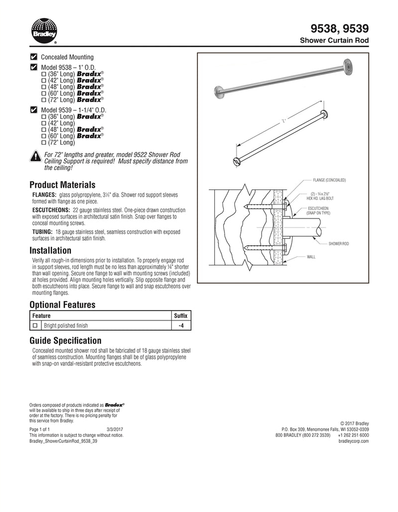 Shower Rod 1" OD x 60" Stainless Steel with Concealed Flange - Bradley - 9538-060000