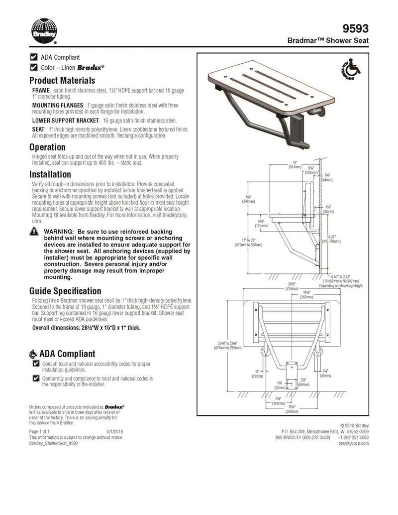Shower Seat Rectangular HDPE-Bradley - 9593-000000
