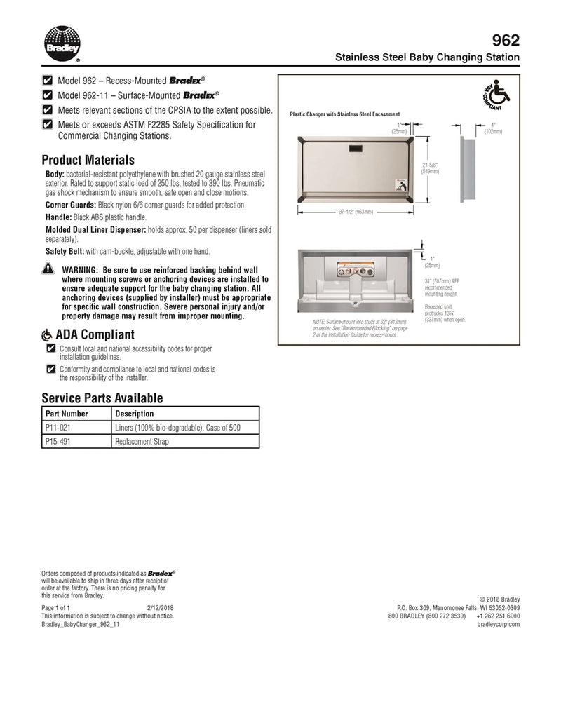 Baby Changing Station, Stainless, Recessed - Bradley-962-000000