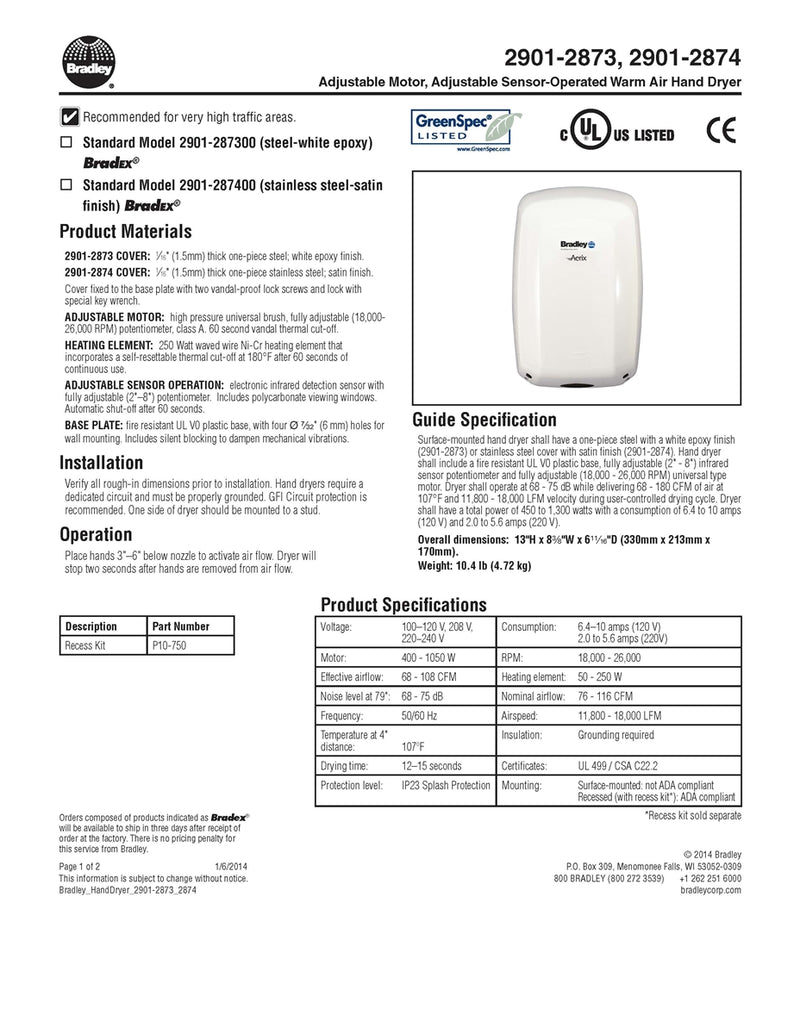 Hand Dryer, Sensor, Surface-Bradley - 2901-287400