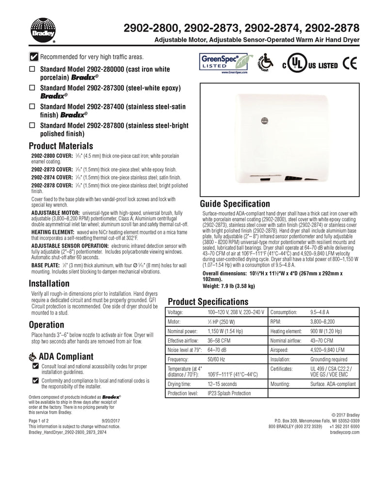 Hand Dryer, Sensor, SS, Surface-Bradley - 2902-287400