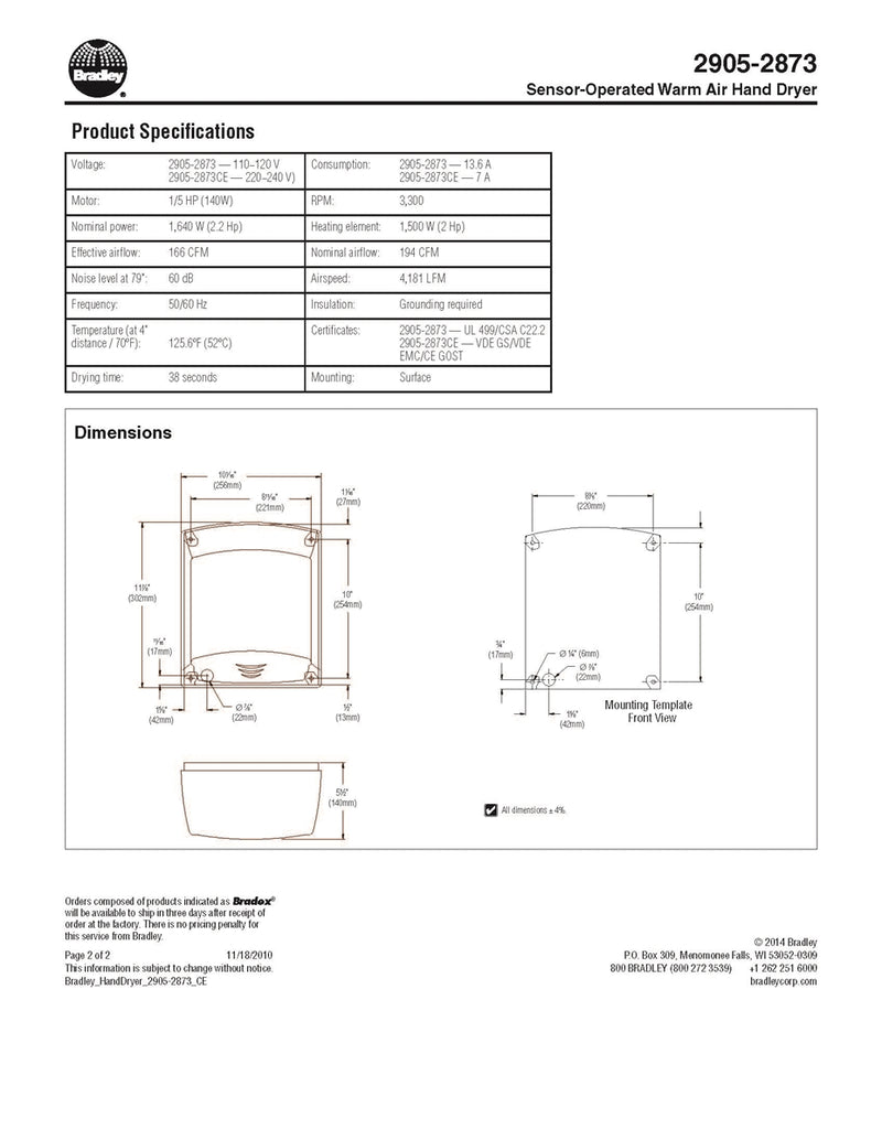 Hand Dryer, Sensor, Steel, Surface - Bradley - 2905-287300