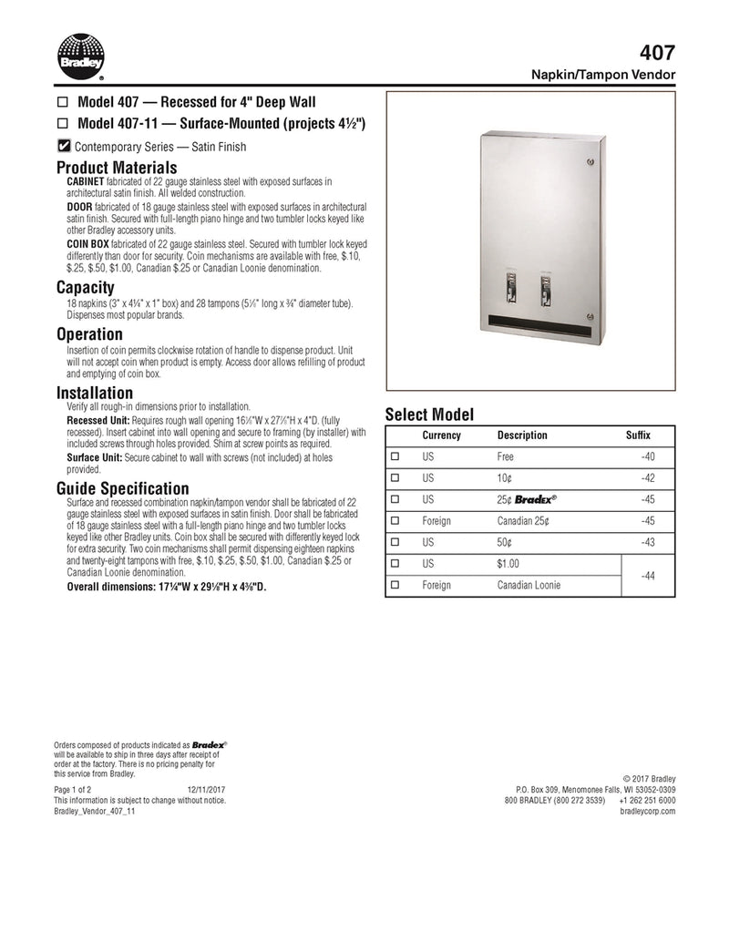 Napkin/Tampon Vendor, Surface Mounted - Bradley - 407-114500