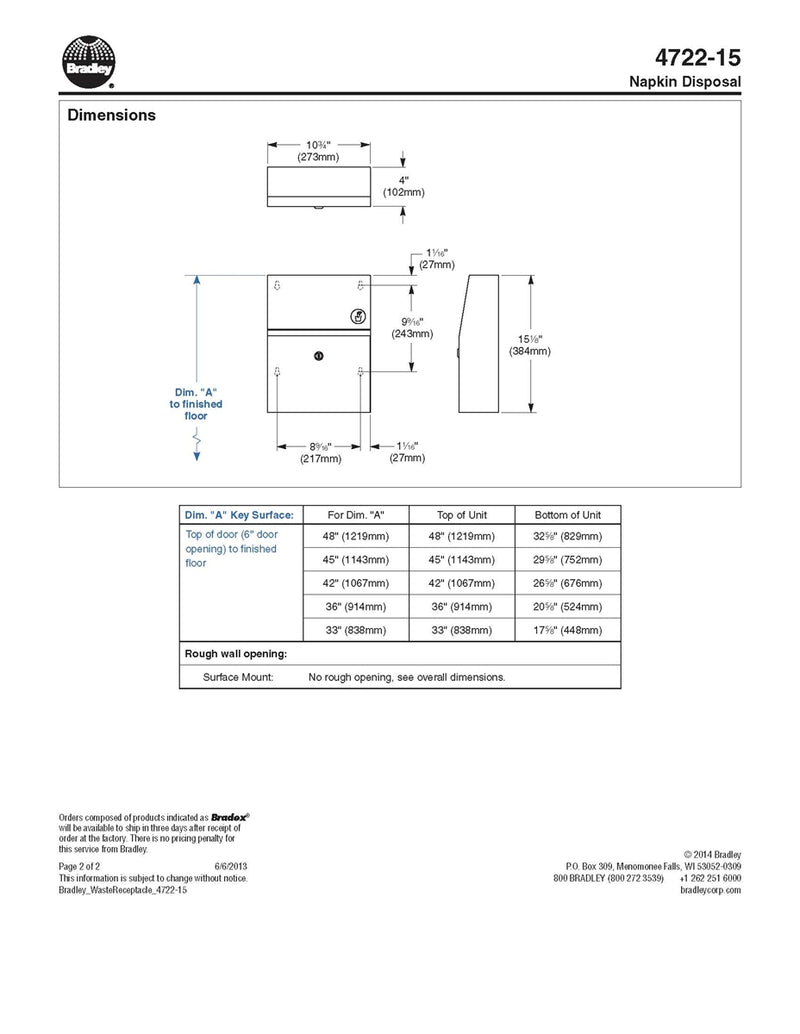 Napkin Disposal, 1.5 Gal, Surface-Bradley - 4722-150000