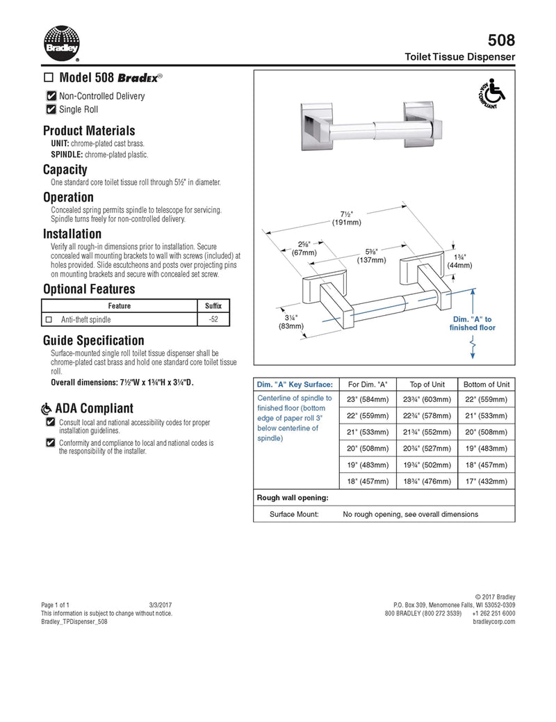 Toilet Tissue Dispenser, Surface, Single - Bradley - 508-000000