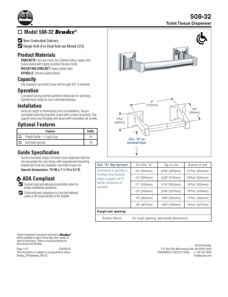 Toilet Tissue Dispenser, Surface, Single - Bradley - 508-320000