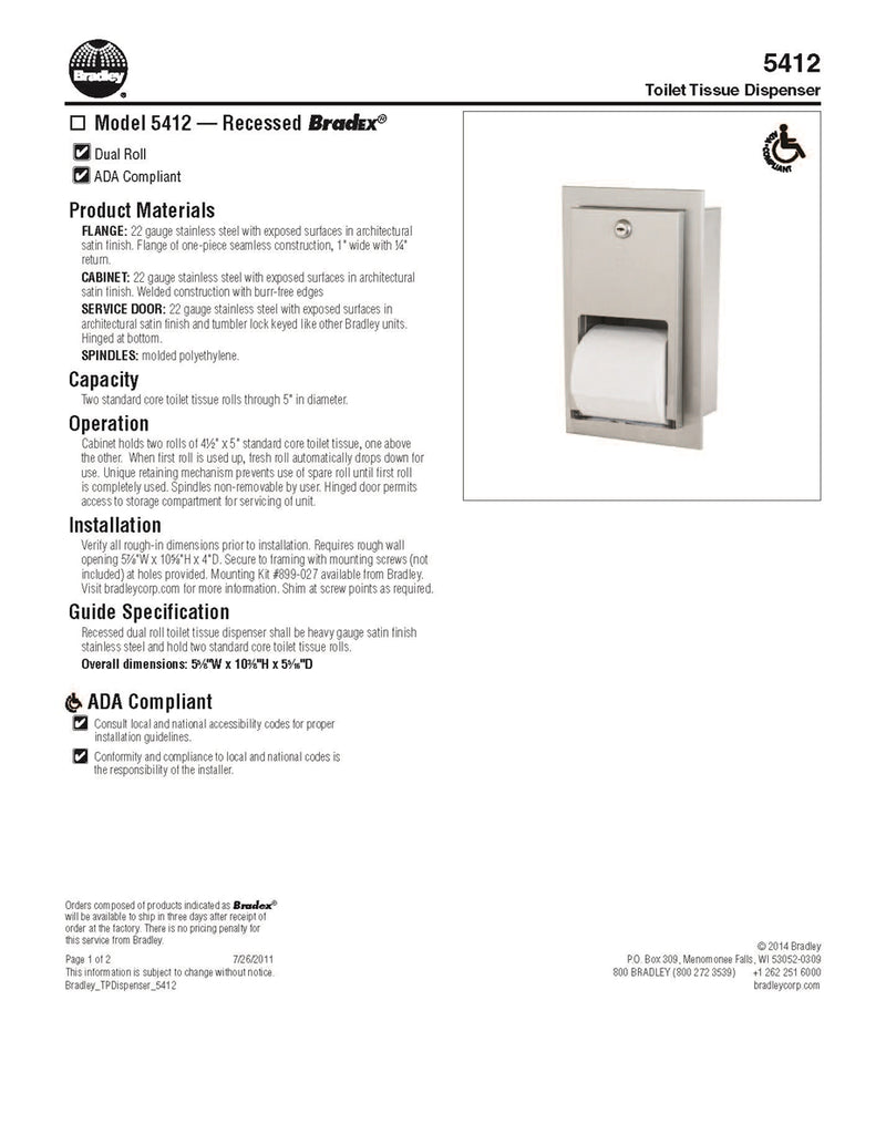 Toilet Tissue Dispenser, Recessed, Dual - Bradley - 5412-000000