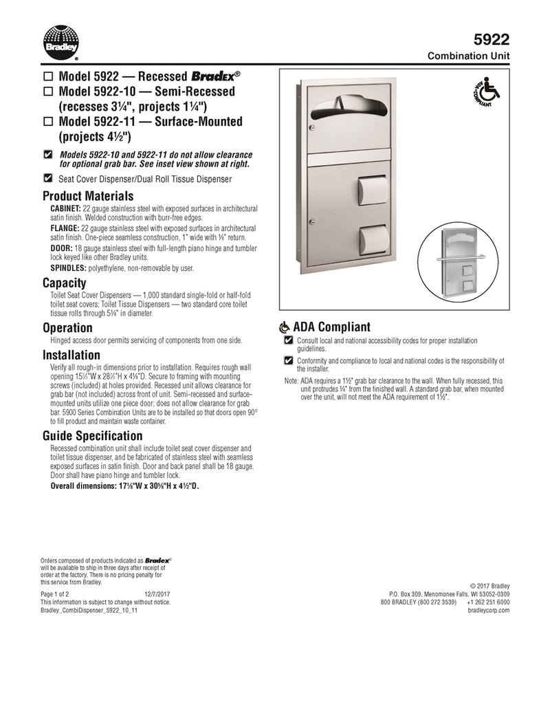 Combination Seat Cover, Toilet Tissue Dispenser and Waste Recessed - Bradley - 5922-000000