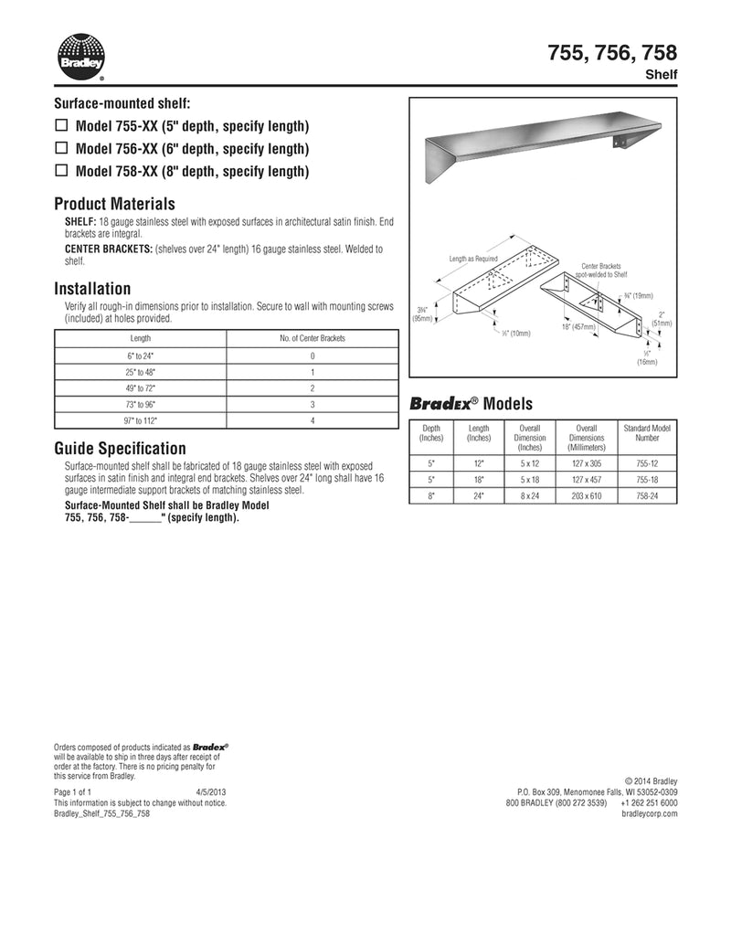 Stainless Steel Shelf with Integral End Brackets, 5" Depth x 12" Length - Bradley - 755-12