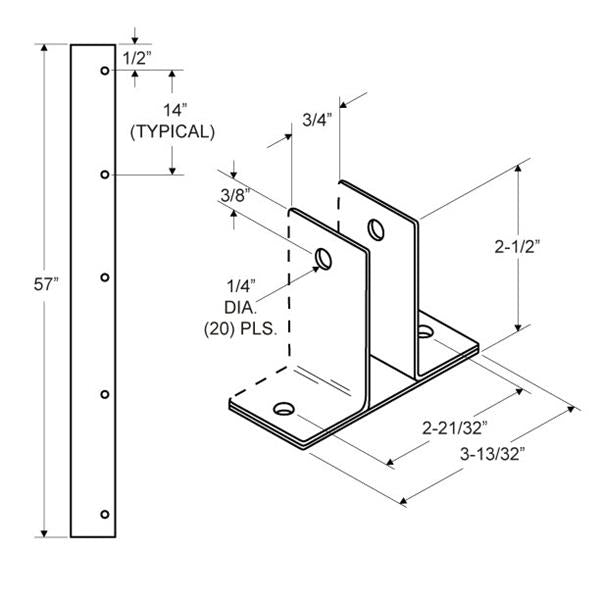 Stamped Stainless Steel, Two Ear 3/4" x 57" Full Length Bracket - 0208