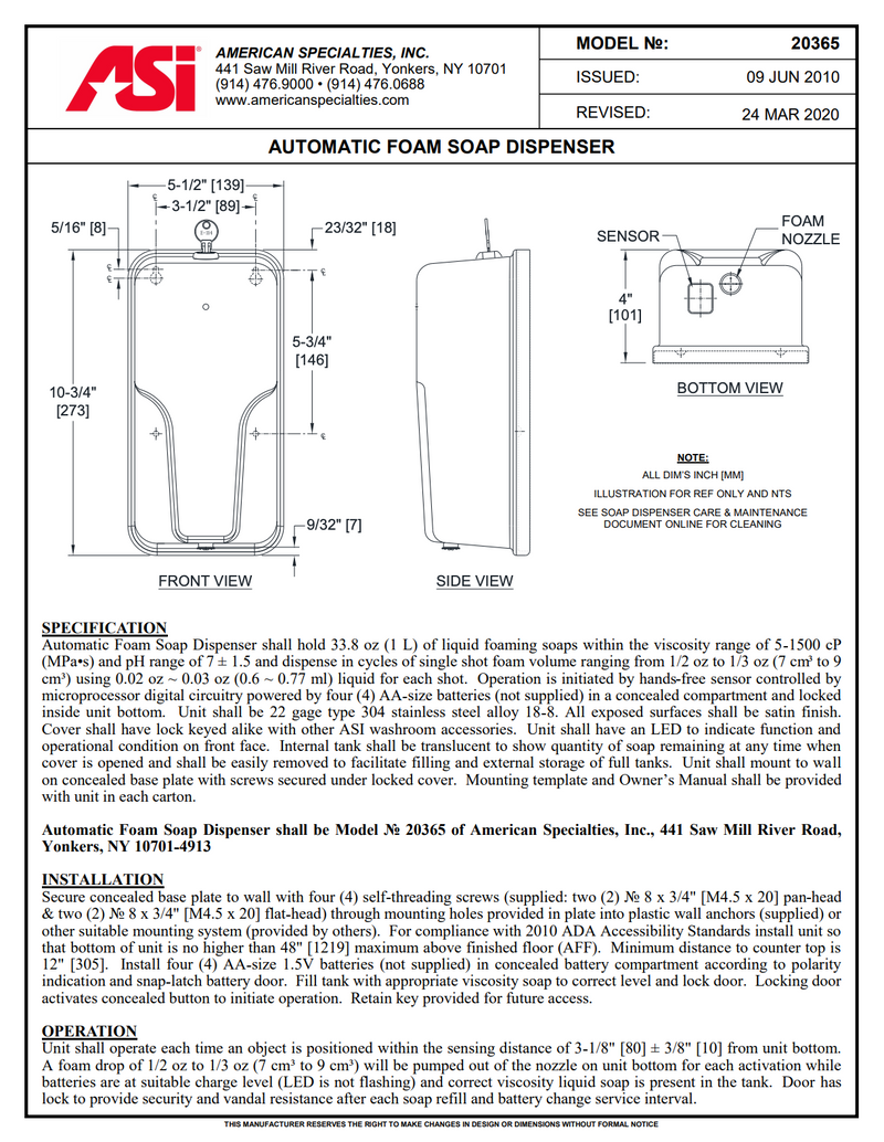 Automatic Foam Soap and Hand Sanitizer Dispenser - ASI-20365