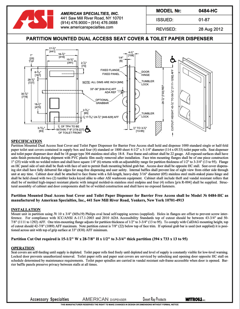 Combination Toilet Seat Cover and Toilet Tissue Dispenser, Dual Access for Handicap - ASI-0484-HC